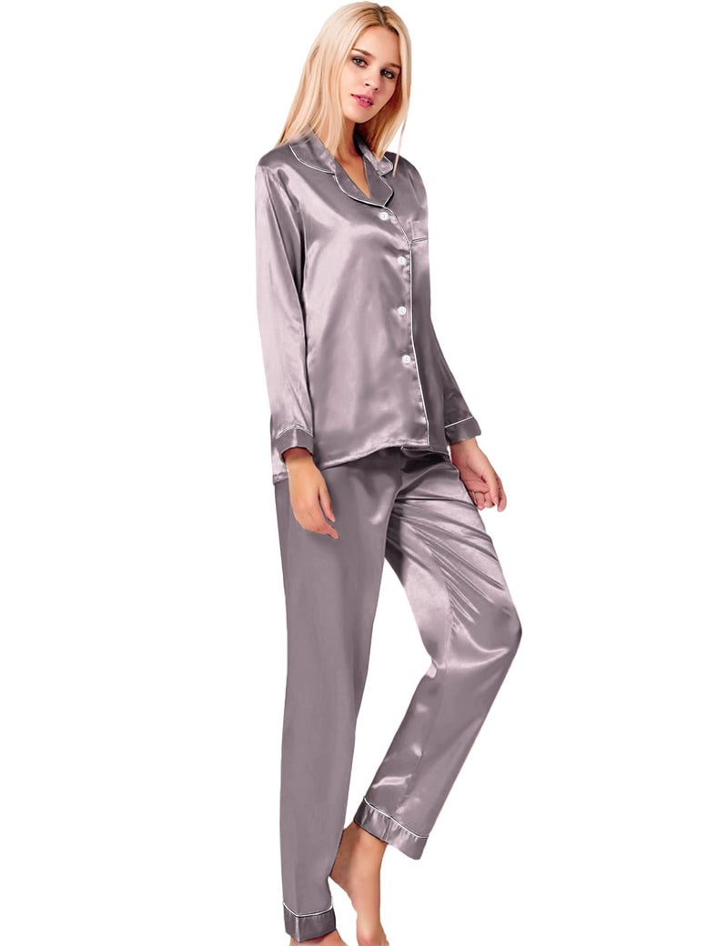 SWOMOG Womens Silk Satin Pajamas Long Sleeve Loungewear Two-Piece Sleepwear Button-Down Pj Set - Image 4